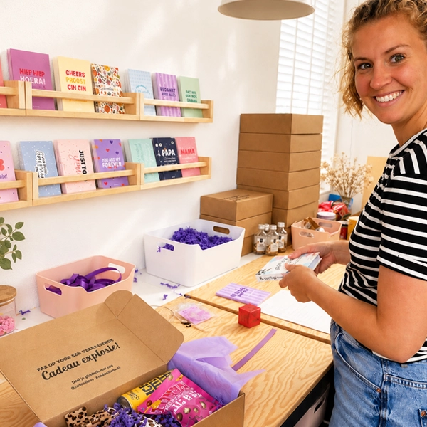 Een cadeaubox wordt met zorg ingepakt